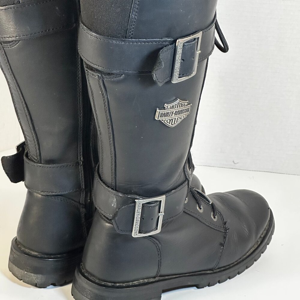 Harley-Davidson Black Leather Lace-Up Buckle Heeled Motorcycle Boots - Picture 12 of 16